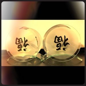 Japanese lettered, mirrored tea light holders